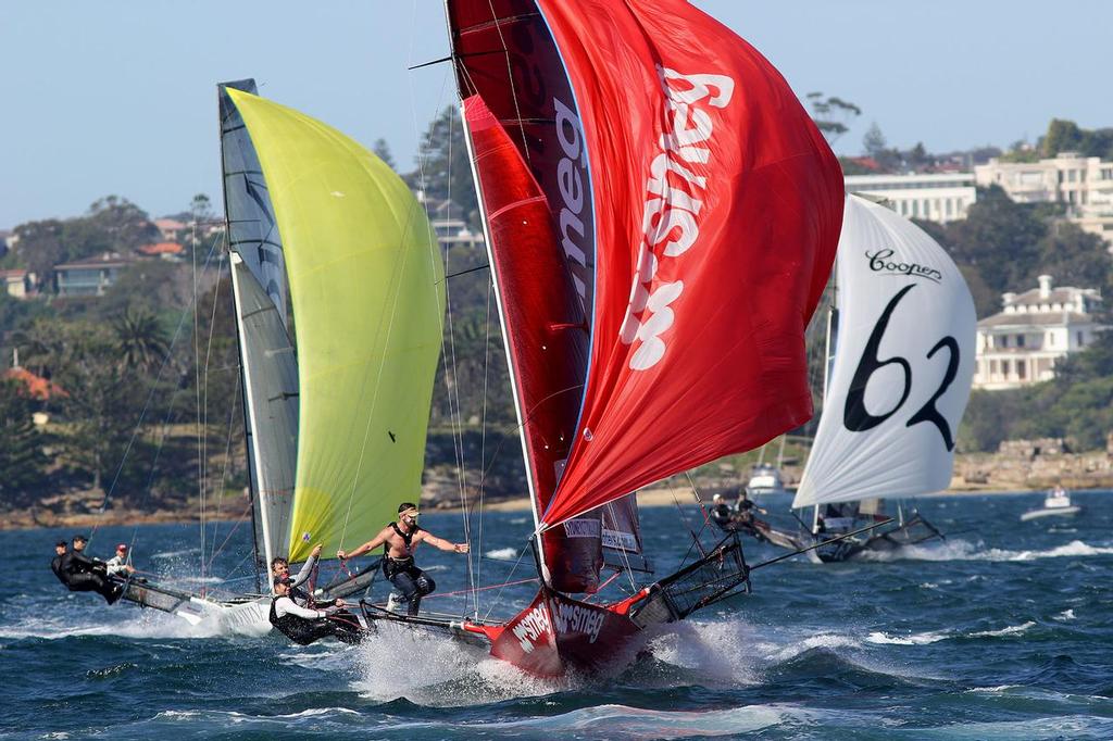Action approaching the bottom mark - Opening day Sydney 18fters © Frank Quealey /Australian 18 Footers League http://www.18footers.com.au